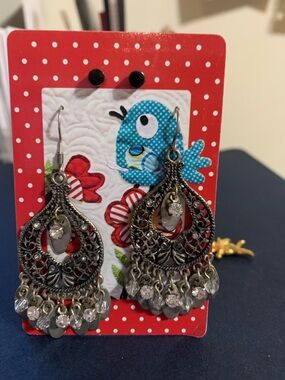 Boho Filigree Dangle Earrings with Crystal Beads - Silver Tone